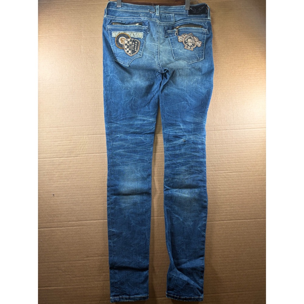 Robin's Jean Womens 28x30 Blue Skinny Jeans USA Racing Patch Zipper Pockets